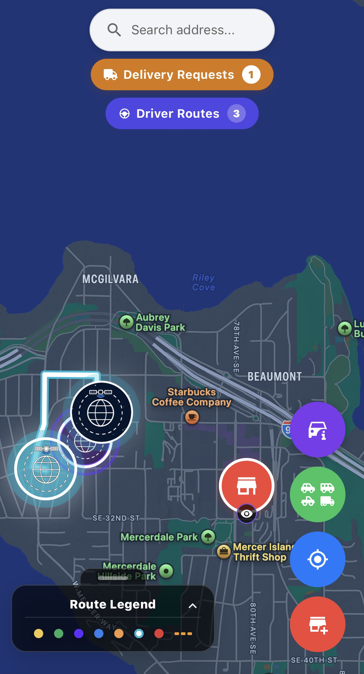 SwyperSpace map screen showing search, driver routes, route legend, and bottom tabs